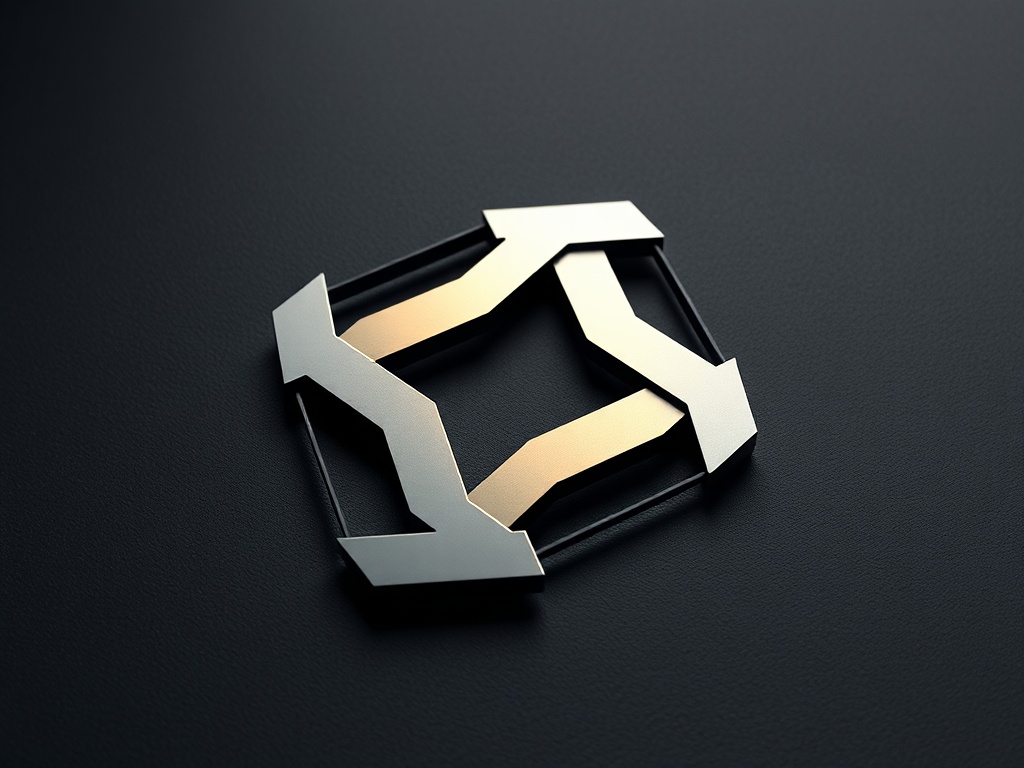 Abstract geometric logo concept with interlocking shapes and negative space, clean lines, metallic gradient, placed on a dark textured surface, 8k product shot